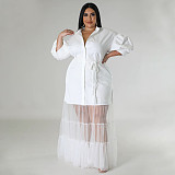 Large Size Ladies Lapel Neck Low-cut Mesh Long Dresses NNWY-7937