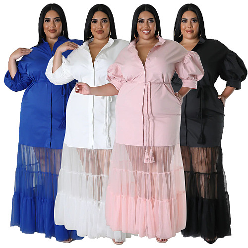 Large Size Ladies Lapel Neck Low-cut Mesh Long Dresses NNWY-7937