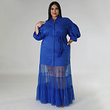 Large Size Ladies Lapel Neck Low-cut Mesh Long Dresses NNWY-7937
