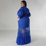 Large Size Ladies Lapel Neck Low-cut Mesh Long Dresses NNWY-7937