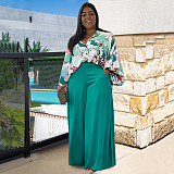 Plus Size Sets Women Printed Loose Blouse And Wide-leg Pants NNWY-7761