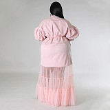 Large Size Ladies Lapel Neck Low-cut Mesh Long Dresses NNWY-7937
