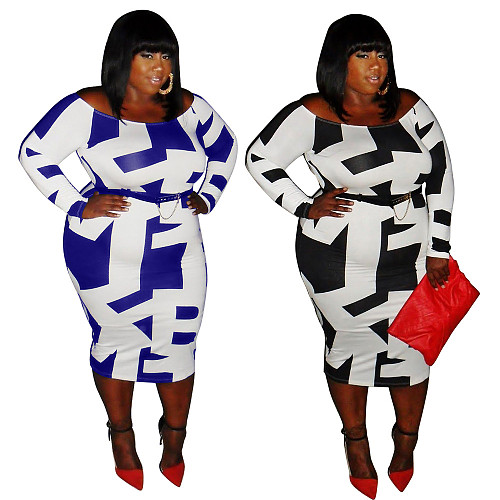Large Size Women Printed Round Collar Long Sleeves Slim Midi Dress NNWY-7961