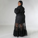 Large Size Ladies Lapel Neck Low-cut Mesh Long Dresses NNWY-7937