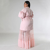 Large Size Ladies Lapel Neck Low-cut Mesh Long Dresses NNWY-7937