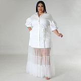 Large Size Ladies Lapel Neck Low-cut Mesh Long Dresses NNWY-7937