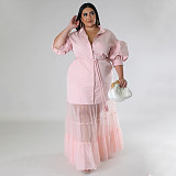 Large Size Ladies Lapel Neck Low-cut Mesh Long Dresses NNWY-7937
