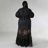 Large Size Ladies Lapel Neck Low-cut Mesh Long Dresses NNWY-7937