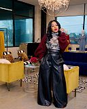 Ladies Solid Color PU Leather High Waist Long Pants OD-8392