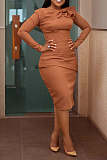 Elegant Ladies Solid Color Long Sleeve Folds Midi Evening Dress OD-8628