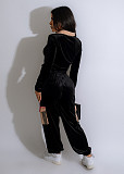 Black Velvet Patchwork Long Sleeves Long Pants Women 2 Pieces Sets TE-4648