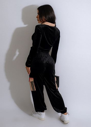 Black Velvet Patchwork Long Sleeves Long Pants Women 2 Pieces Sets TE-4648