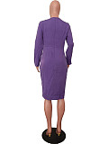 Elegant Ladies Solid Color Long Sleeve Folds Midi Evening Dress OD-8628