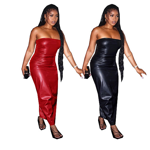 Sexy Strapless Zipper Side Slits PU Leather Maxi Dress TE-4646