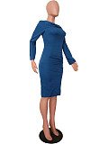 Elegant Ladies Solid Color Long Sleeve Folds Midi Evening Dress OD-8628