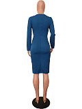 Elegant Ladies Solid Color Long Sleeve Folds Midi Evening Dress OD-8628