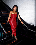 Sexy Strapless Zipper Side Slits PU Leather Maxi Dress TE-4646