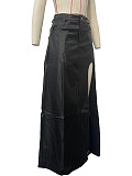 Women Irregular Black PU Leather Split Long Skirt OD-8617