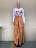 Ladies Solid Color PU Leather High Waist Long Pants OD-8392