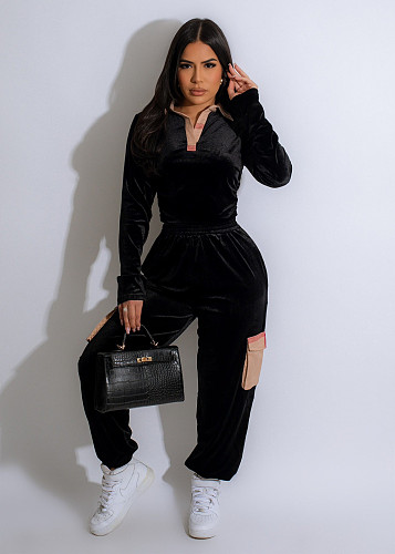 Black Velvet Patchwork Long Sleeves Long Pants Women 2 Pieces Sets TE-4648