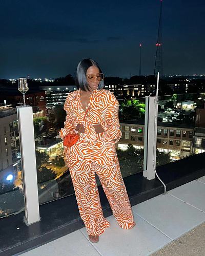 Stylish Printed Women Blouse And Long Pants Two Pieces Sets OD-8629