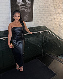 Sexy Strapless Zipper Side Slits PU Leather Maxi Dress TE-4646