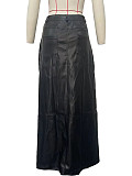 Women Irregular Black PU Leather Split Long Skirt OD-8617