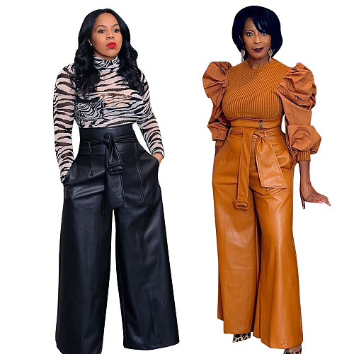 Ladies Solid Color PU Leather High Waist Long Pants OD-8392