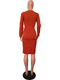 Elegant Ladies Solid Color Long Sleeve Folds Midi Evening Dress OD-8628
