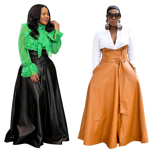 Ladies Solid Color Irregular PU Leather Long Skirt OD-8339