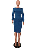 Elegant Ladies Solid Color Long Sleeve Folds Midi Evening Dress OD-8628