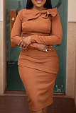 Elegant Ladies Solid Color Long Sleeve Folds Midi Evening Dress OD-8628