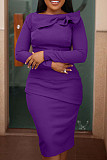 Elegant Ladies Solid Color Long Sleeve Folds Midi Evening Dress OD-8628