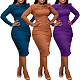 Elegant Ladies Solid Color Long Sleeve Folds Midi Evening Dress OD-8628