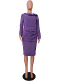 Elegant Ladies Solid Color Long Sleeve Folds Midi Evening Dress OD-8628