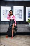 Women Irregular Black PU Leather Split Long Skirt OD-8617