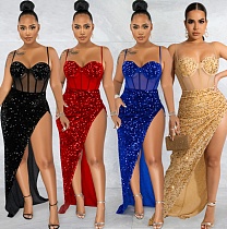 Sexy Mesh Patchwork Sequined High Split Maxi Dress BY-5843