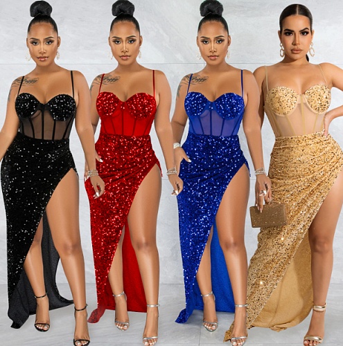 Sexy Mesh Patchwork Sequined High Split Maxi Dress BY-5843