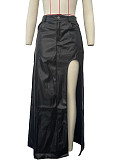 Women Irregular Black PU Leather Split Long Skirt OD-8617