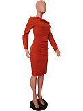 Elegant Ladies Solid Color Long Sleeve Folds Midi Evening Dress OD-8628