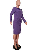 Elegant Ladies Solid Color Long Sleeve Folds Midi Evening Dress OD-8628