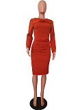 Elegant Ladies Solid Color Long Sleeve Folds Midi Evening Dress OD-8628