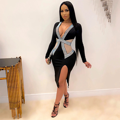 Sexy Deep V Black Hot Drilling Mesh Patchwork Split Party Dress RS-8820