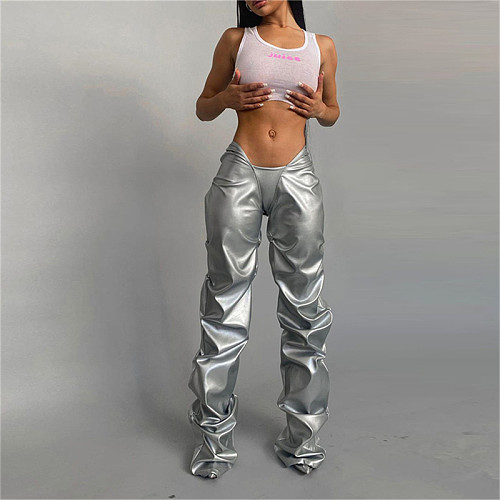 Pleated Leather Low Waist Straight Tube Casual Pants SXE-K21P06184