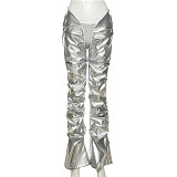Pleated Leather Low Waist Straight Tube Casual Pants SXE-K21P06184
