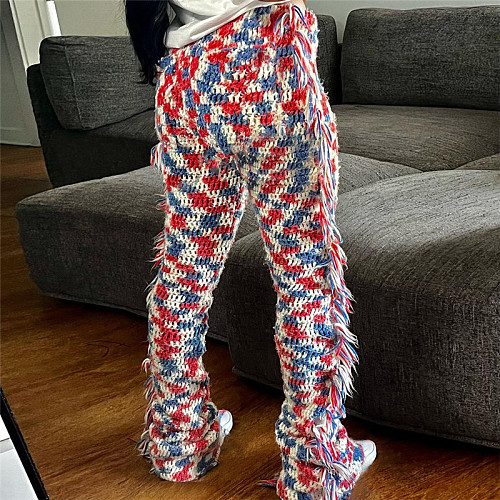 High Waist Knitted Tassel Slim Fit Flared Casual Pants SXE-W23P34263