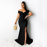 Sexy V-neck Off Shoulder Split Fishtail Long Dress AIL-243