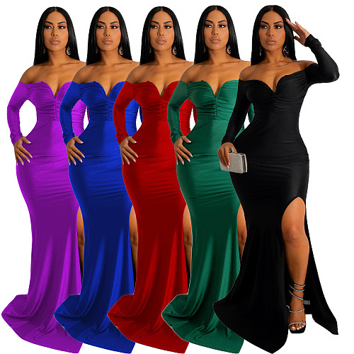 Elegant Slash Neck High Slit Floor Length Evening Dress AIL-228