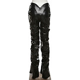 Pleated Leather Low Waist Straight Tube Casual Pants SXE-K21P06184