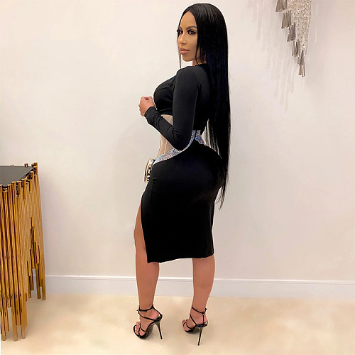 Sexy Deep V Black Hot Drilling Mesh Patchwork Split Party Dress RS-8820